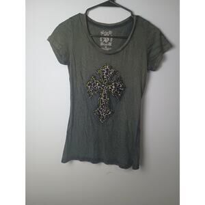 Y2K Velvet Stone Fitted Women's Tshirt XS Green Cross Rhinestone Cheetah Punk